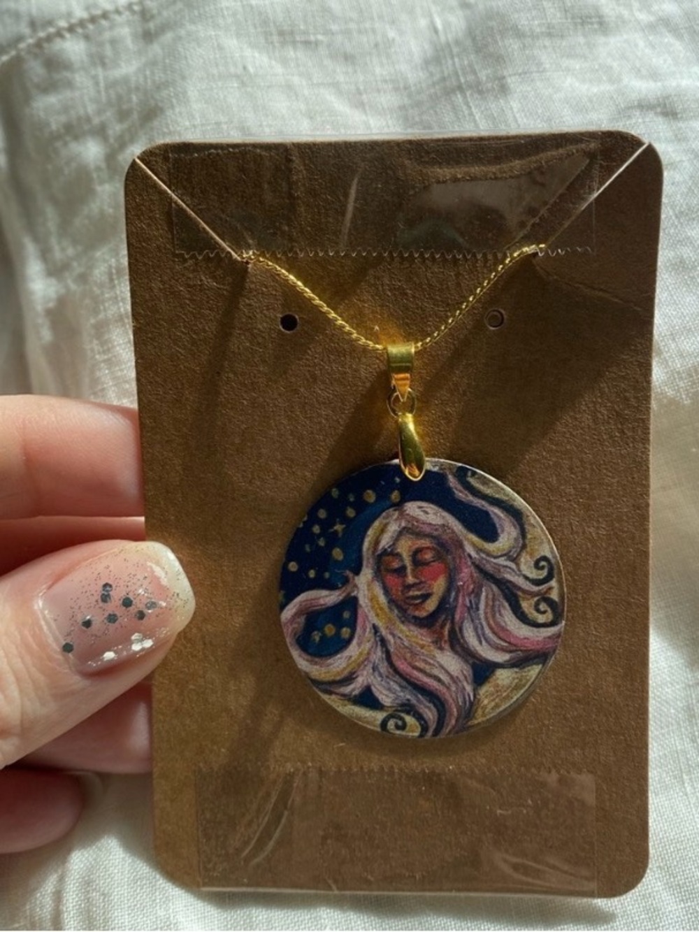 Gold Pendant Necklace with Pink and Blue Art Portrait 18 K Gold Chain
